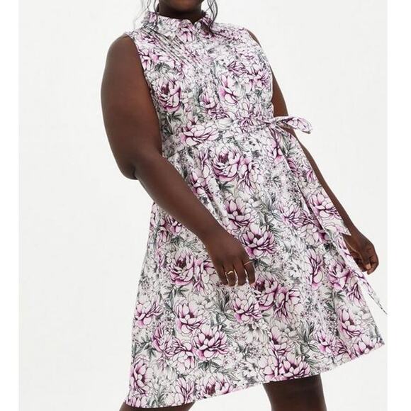 NWT Torrid Shirt Dress w Pockets 3X Floral Poplin Belted Mini Pleated Feminine - Picture 1 of 13